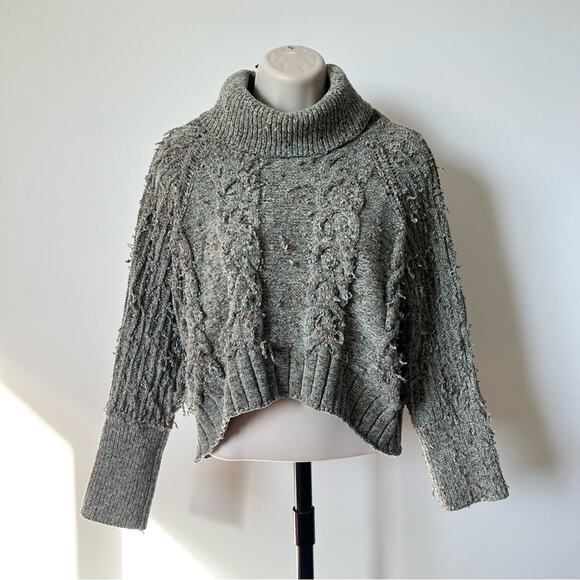 Cropped Turtleneck Sweater Green Size XS Marled Knit Chenille Chunky Cable Knit - Picture 1 of 7